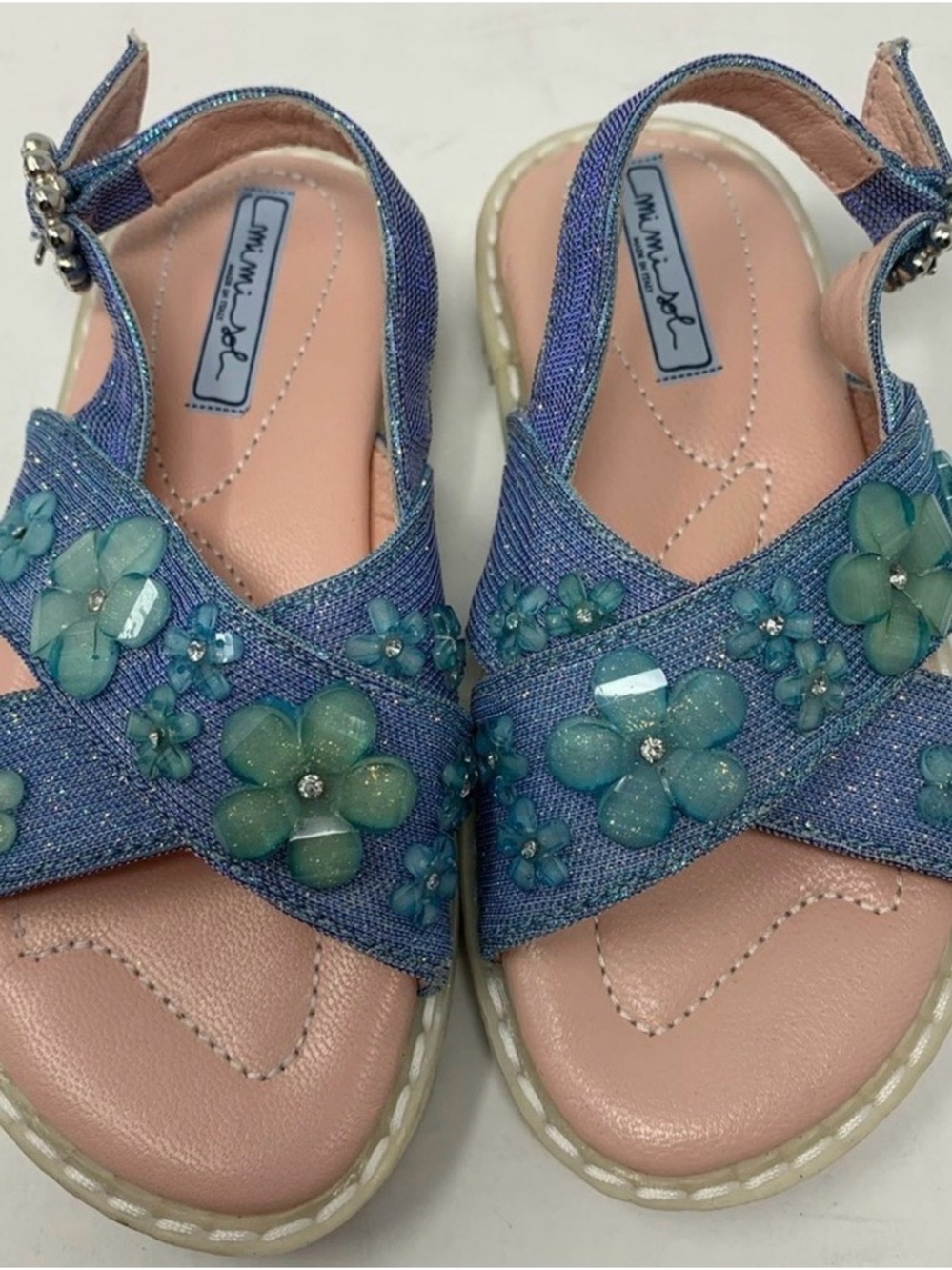 Mi Mi Sol Girls' Blue Floral Jewel Strap Sandals